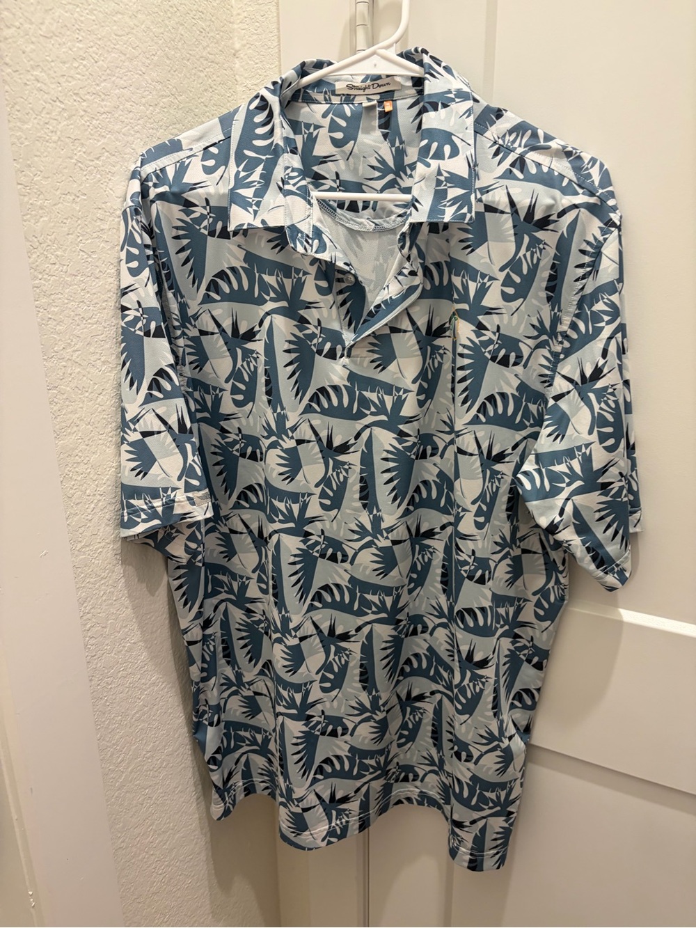 Blue StraightDown Leaf-Print Men’s Golf Polo Shirt XL